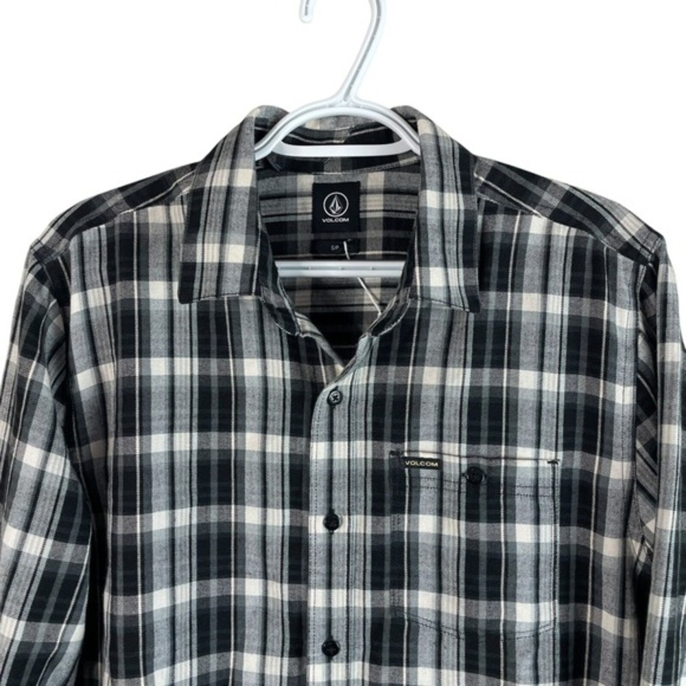 Volcom Mens Classic Fit Flannel Shirt Small Gray Plaid Stretch Button Up *read